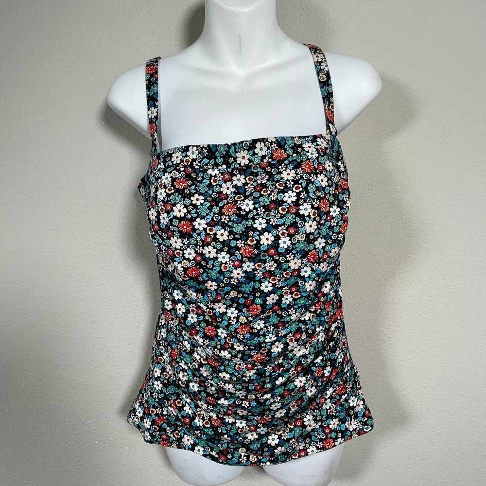 Lands' End Tankini Swim Top Women Size‎ 8 Black Floral Adjustable Strap